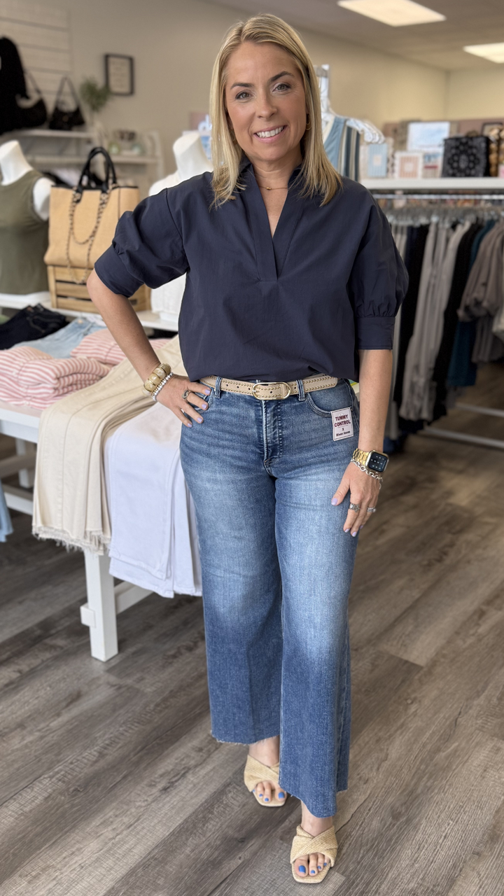 Navy Puff Sleeve Blouse