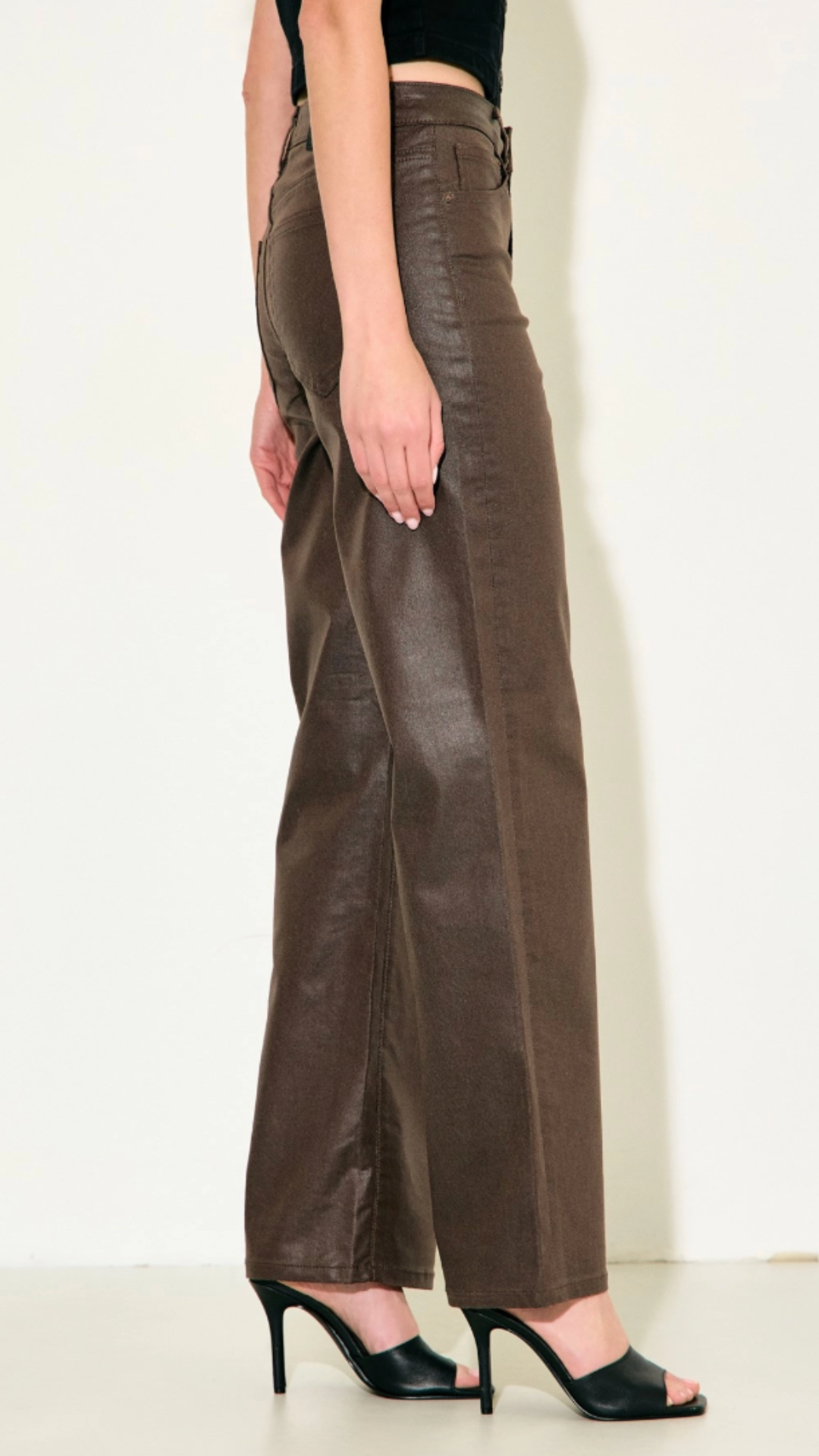 High Rise Coated Brown Classic Straight Full Length Jeans
