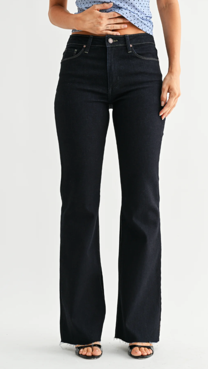 High Rise Super Dark Wash Scissor Cut Full Length Flare Jeans