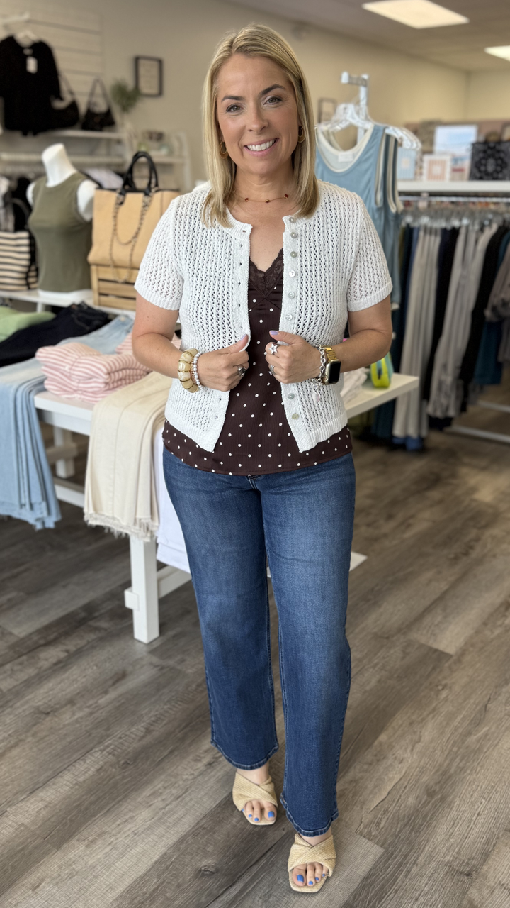 Button Front Short Sleeve Knit Top