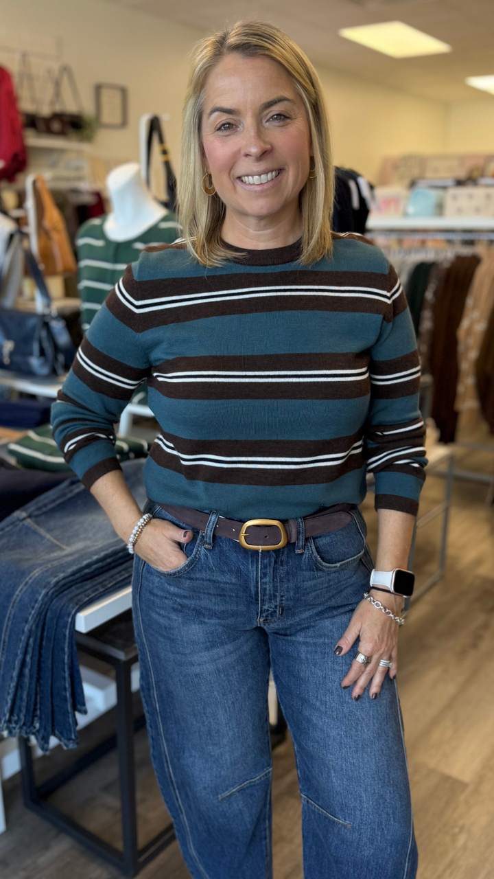 Brown And Teal  Stripe Knit Top