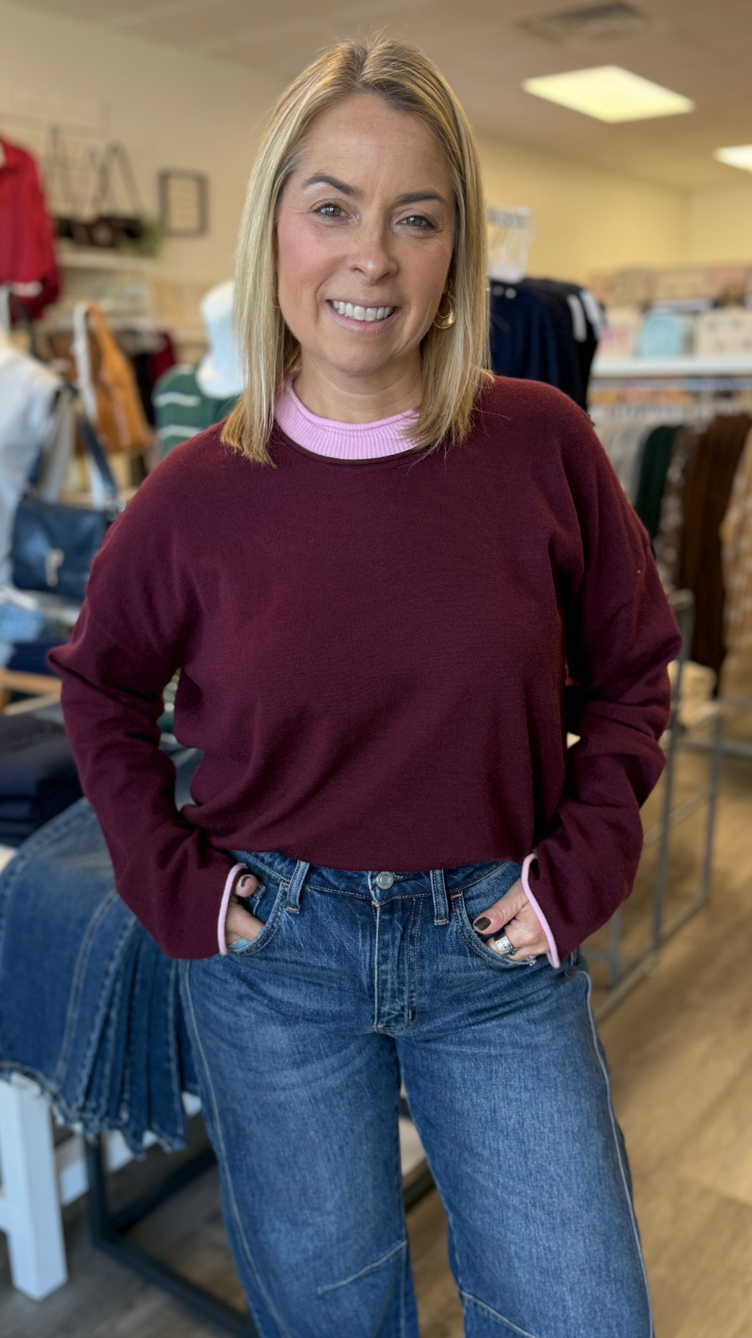 Wine And Pink Contrast Trim Knit Sweater