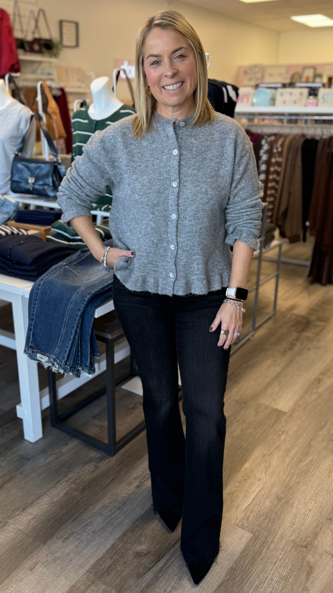 Heather Grey Ruffled Bottom Cardigan Sweater