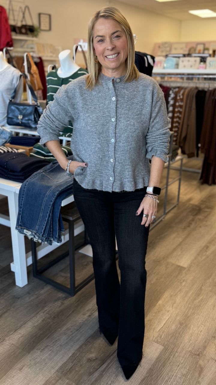 Heather Grey Ruffled Bottom Cardigan Sweater