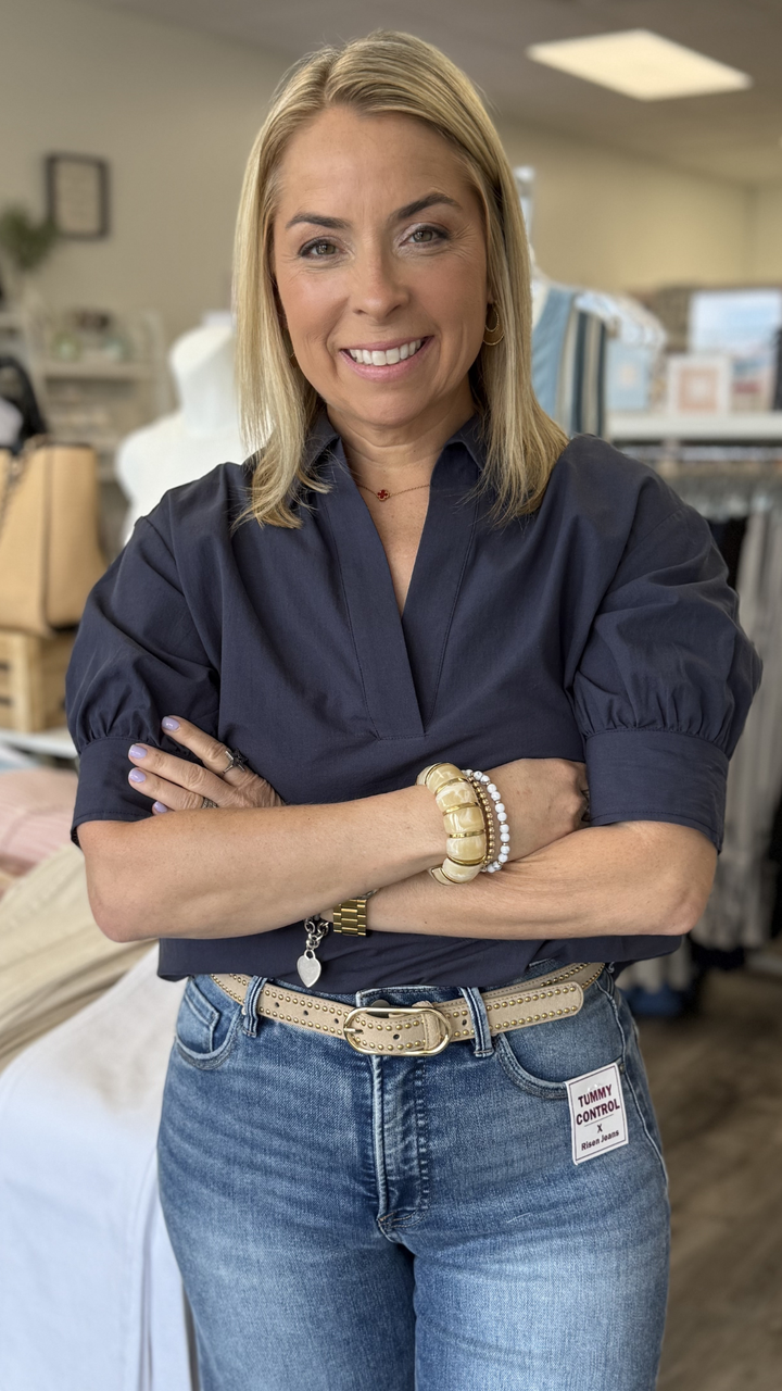 Navy Puff Sleeve Blouse