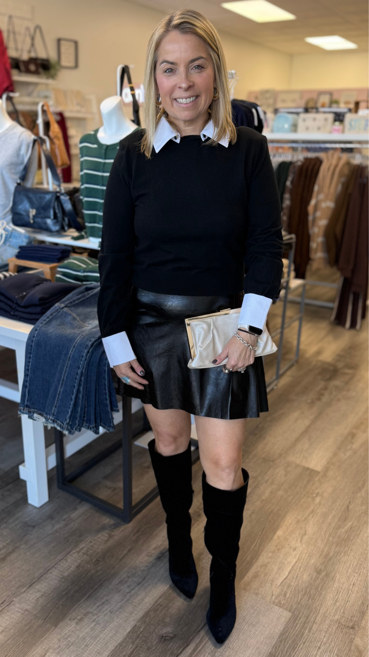 Black Sweater With Poplin Collar And Cuff Detail