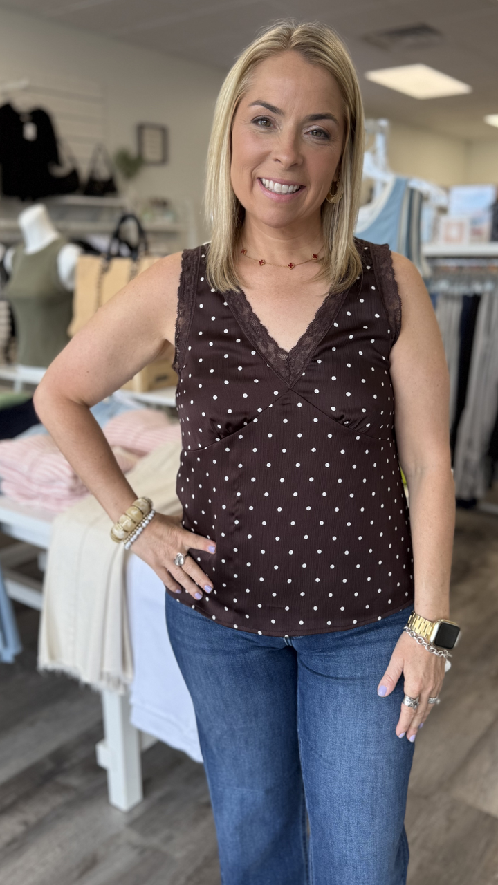 Polka Dot Satin Lace Trim Tank Top