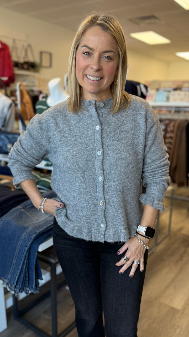 Heather Grey Ruffled Bottom Cardigan Sweater