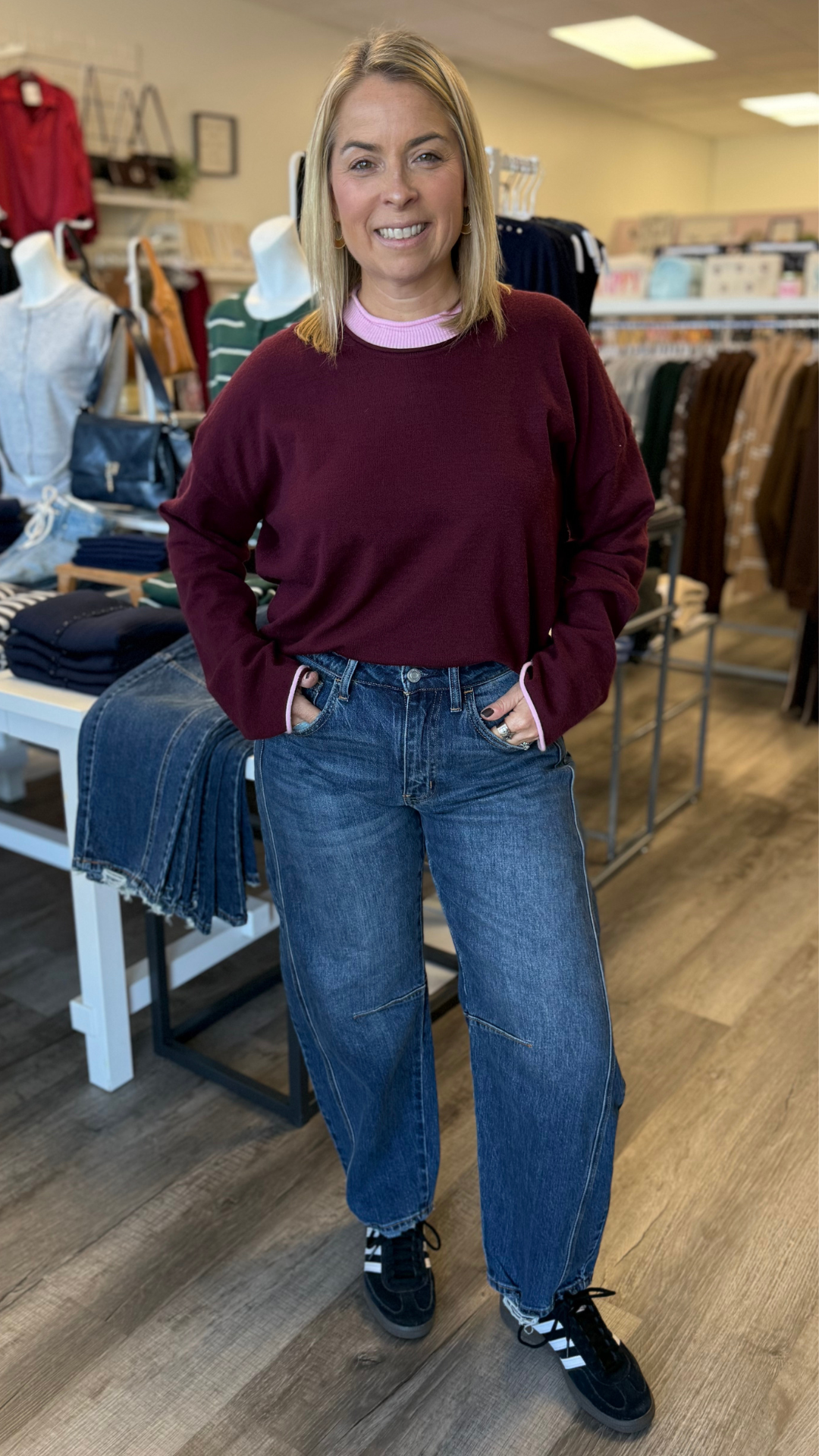 Wine And Pink Contrast Trim Knit Sweater