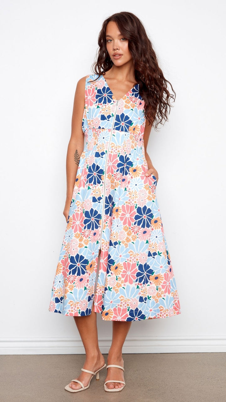 Cotton Voile Printed Front Zip Maxi Dress