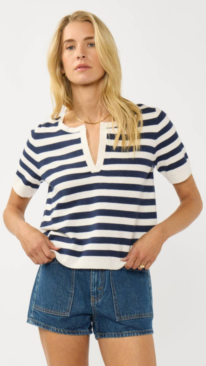 Cream And Navy Stripe Polo Top