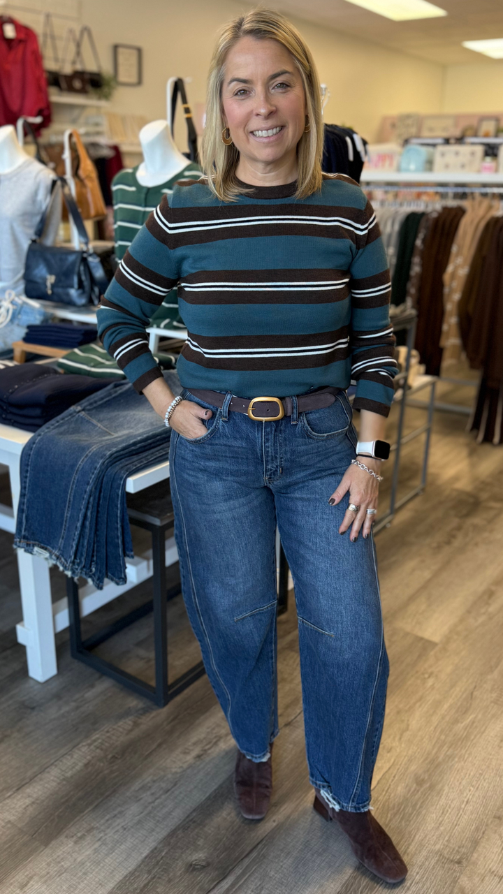 Brown And Teal  Stripe Knit Top