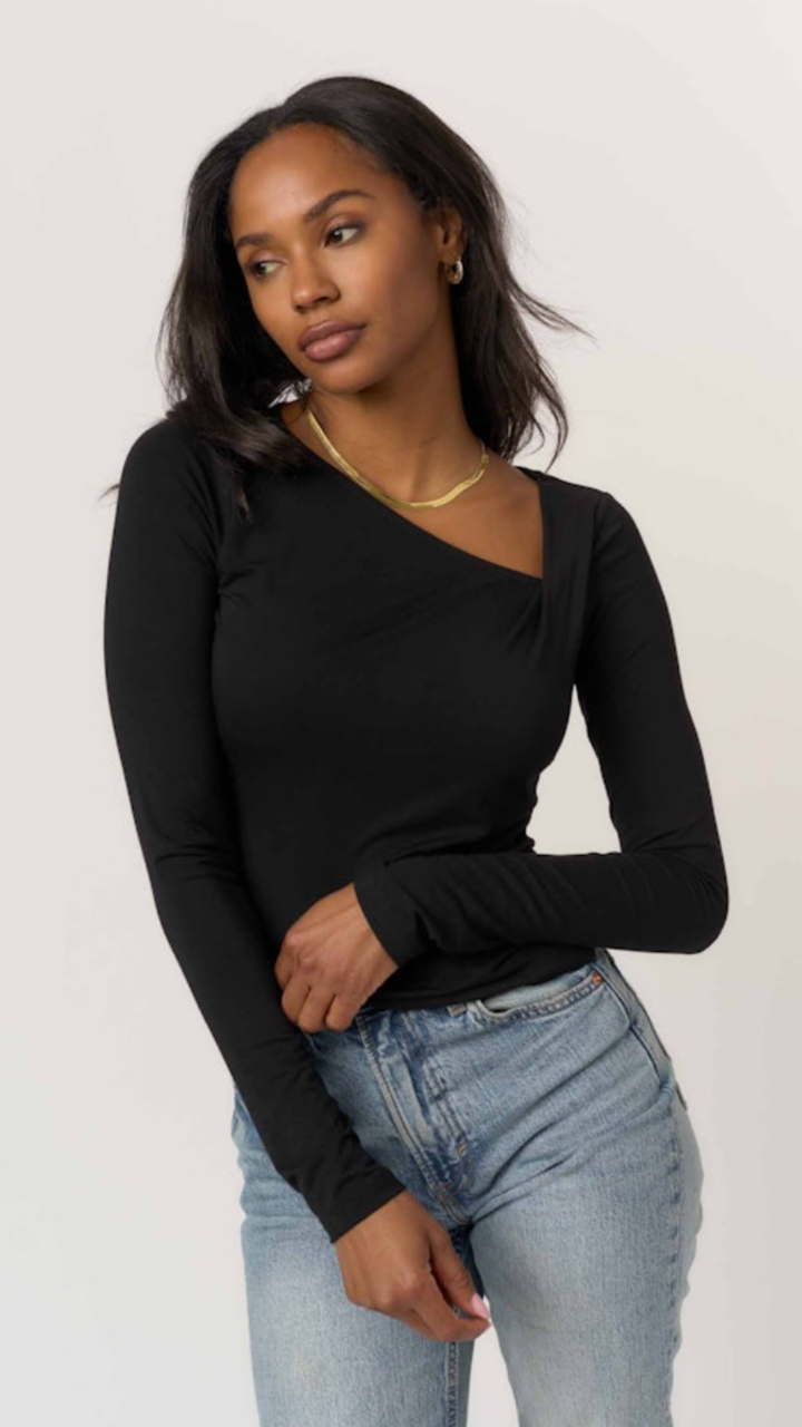 Black Fitted Twist Front Long Sleeve
