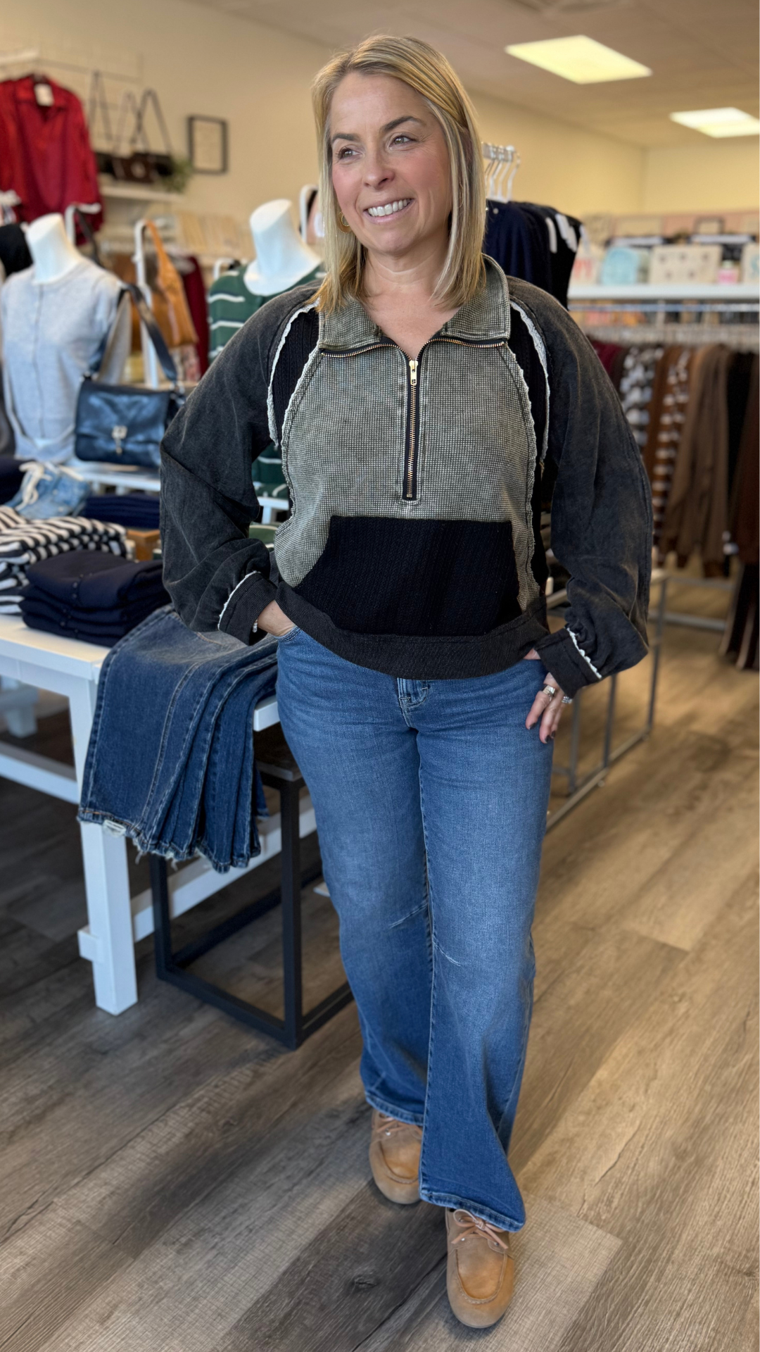 Black Olive Vintage Wash Soft Contrast Knit Panel Quarter Zip Pullover