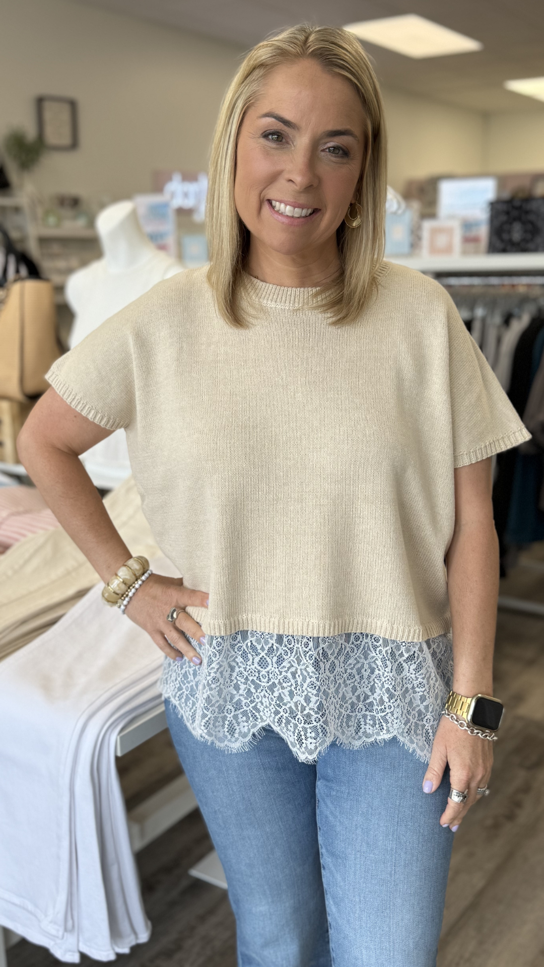 Lace Detail Short Sleeve Sweater Top