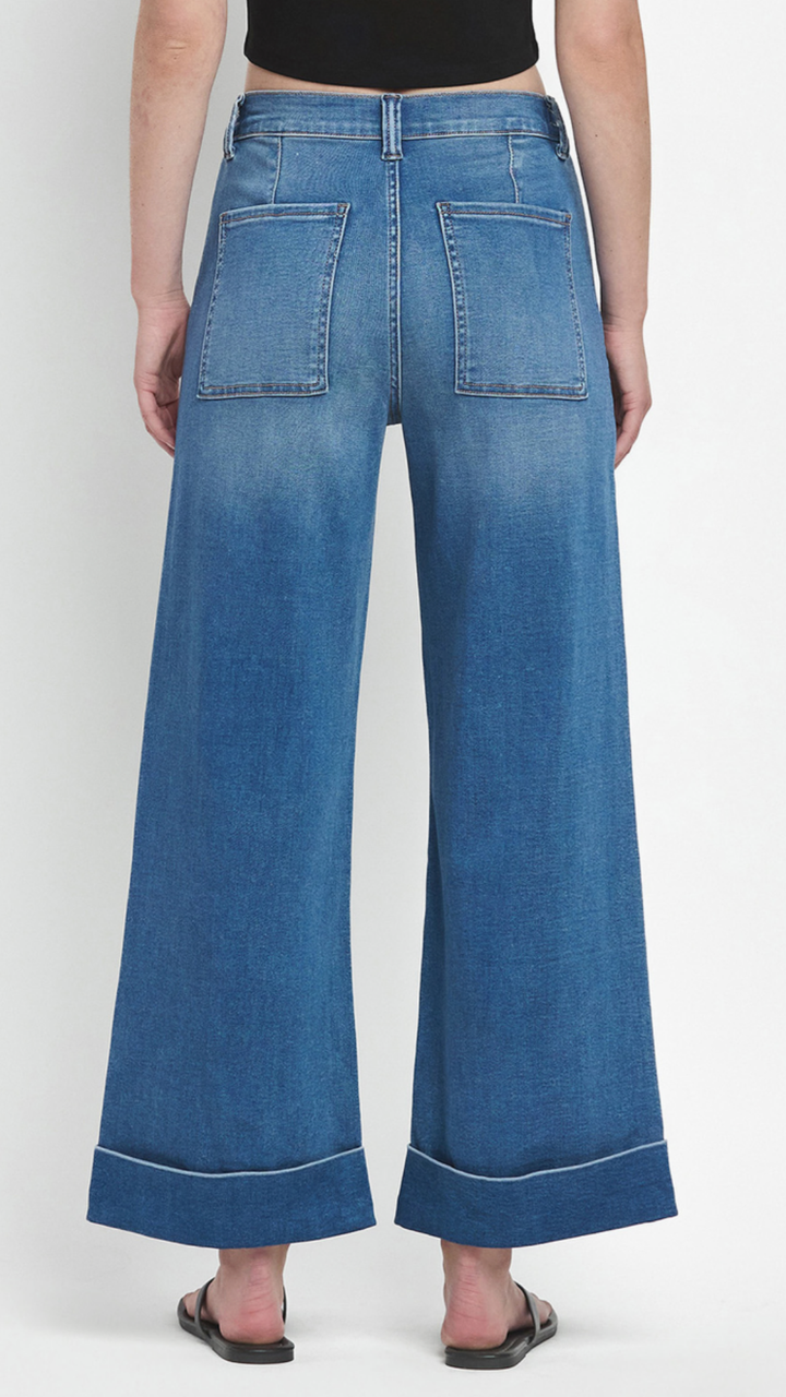 High Rise Medium Wash Soft Cuffed Baggy Wide Jeans