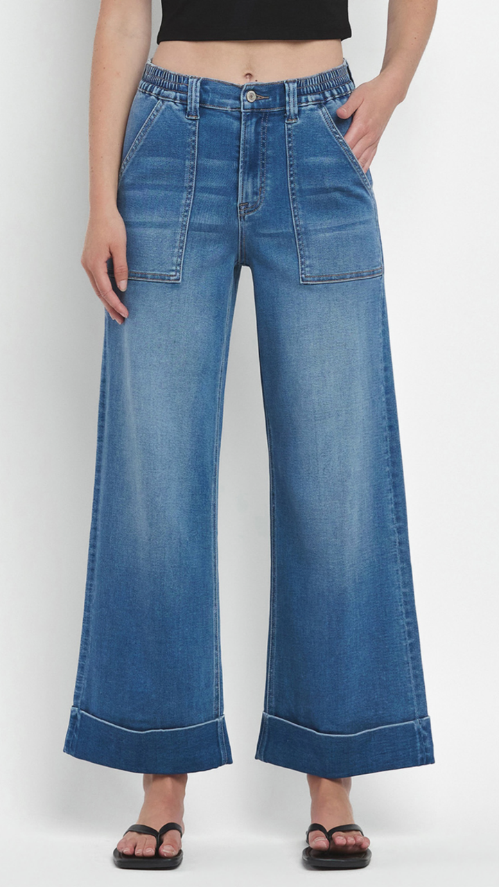 High Rise Medium Wash Soft Cuffed Baggy Wide Jeans