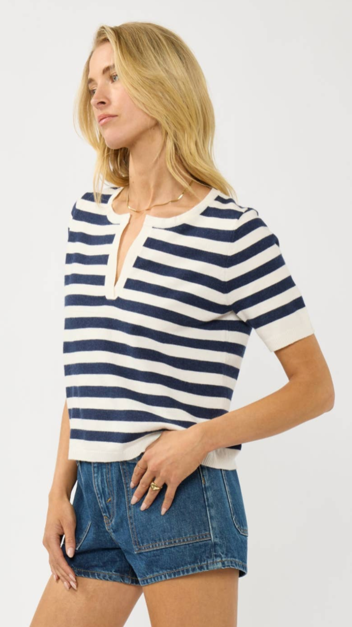 Cream And Navy Stripe Polo Top