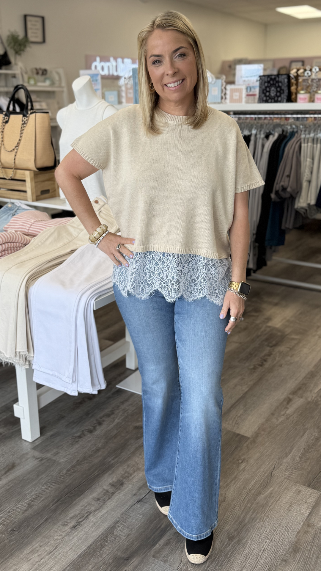 Mid Rise Medium Wash Full Length Flare Jeans