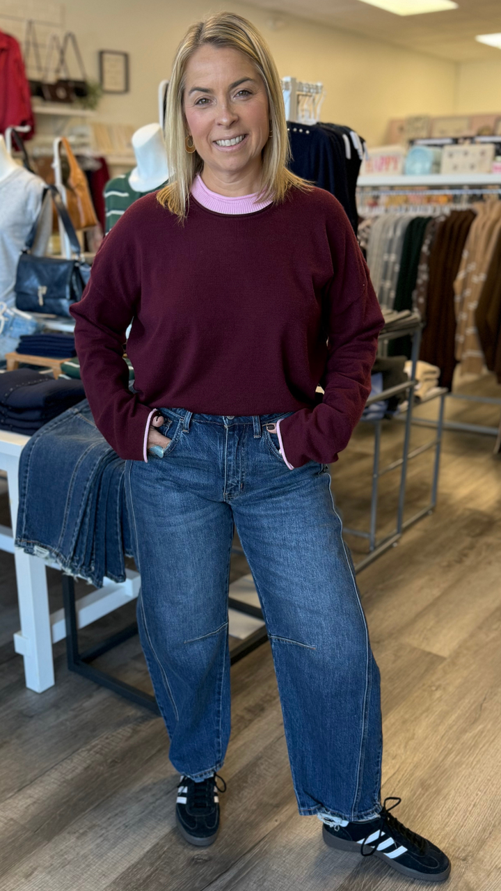 Wine And Pink Contrast Trim Knit Sweater