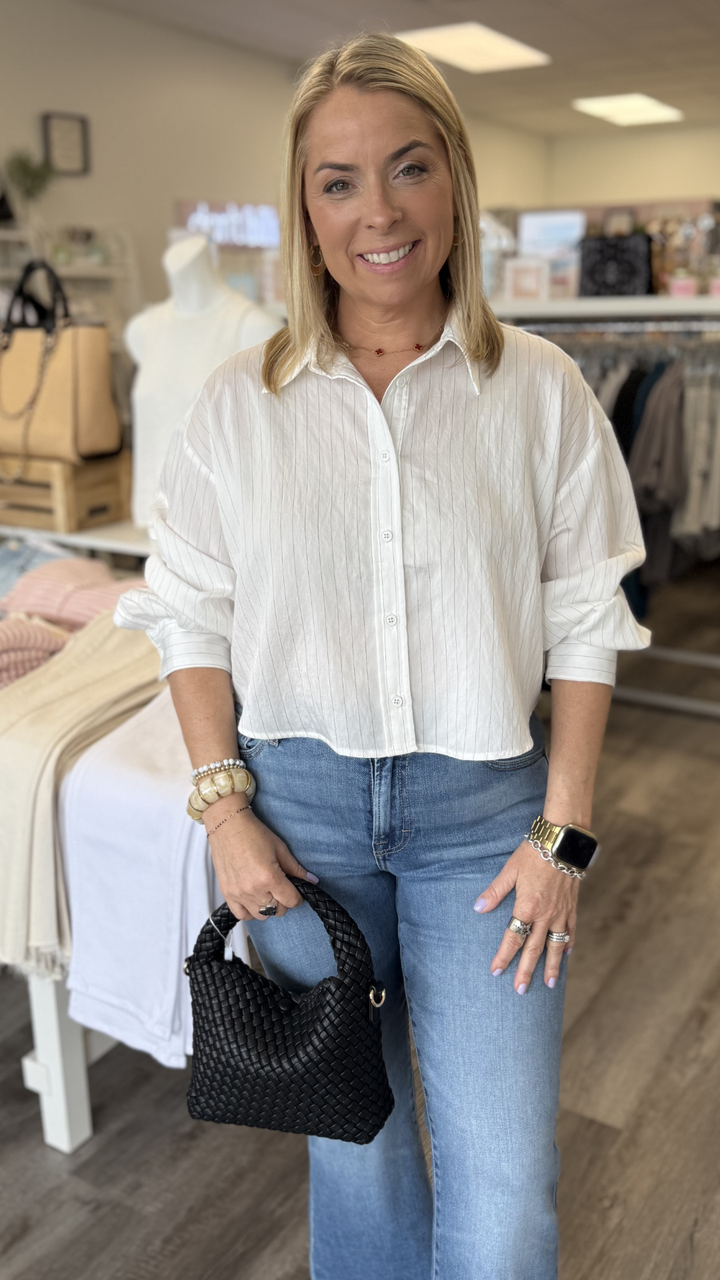 White Pin Stripe Buttondown Top