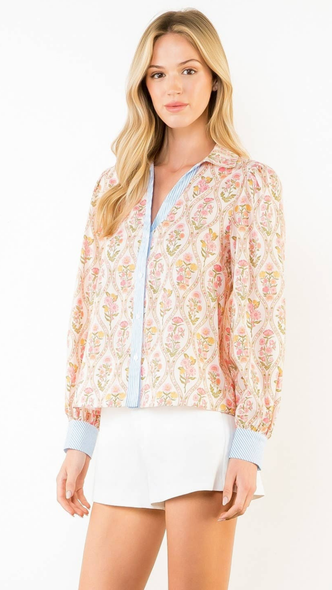 Long Sleeve Floral Contrast Trim Top