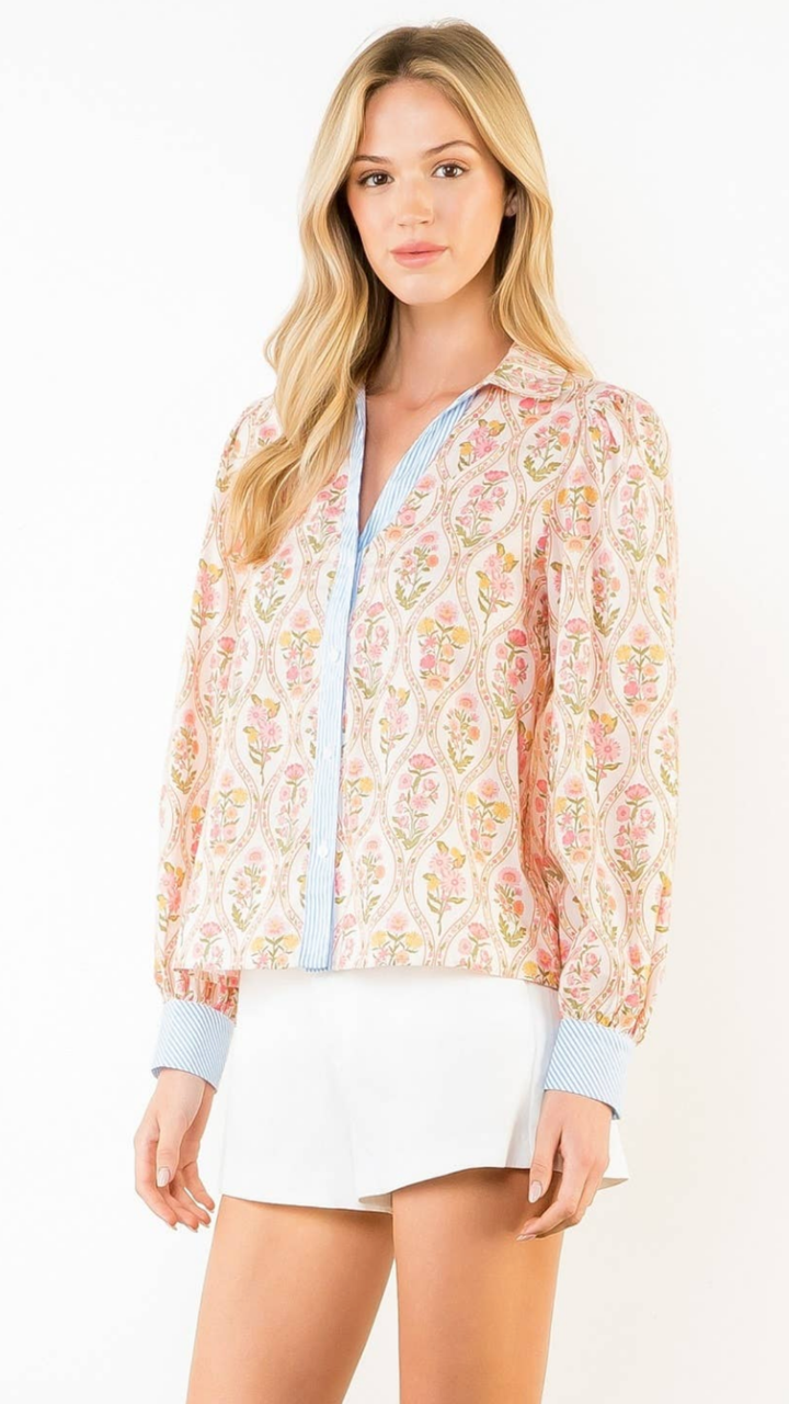 Long Sleeve Floral Contrast Trim Top