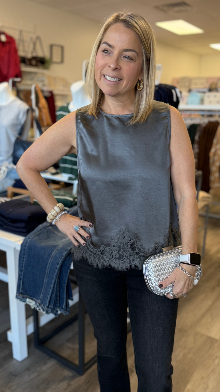 Charcoal Lace Hem Sleeveless Satin Tank