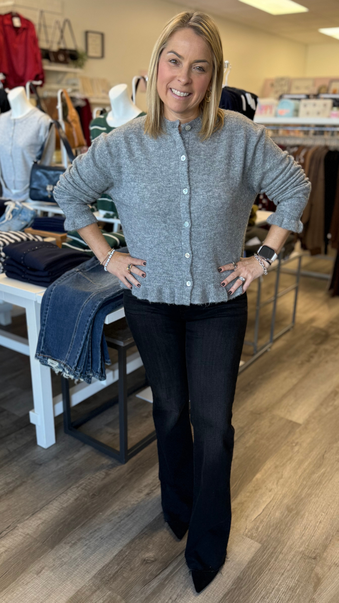 Heather Grey Ruffled Bottom Cardigan Sweater