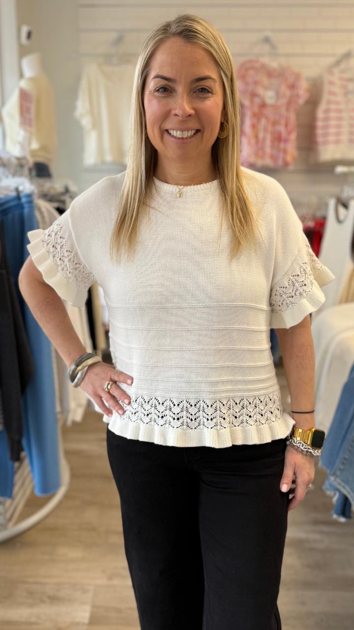 Pointelle Short Sleeve Ruffled Hem Sweater