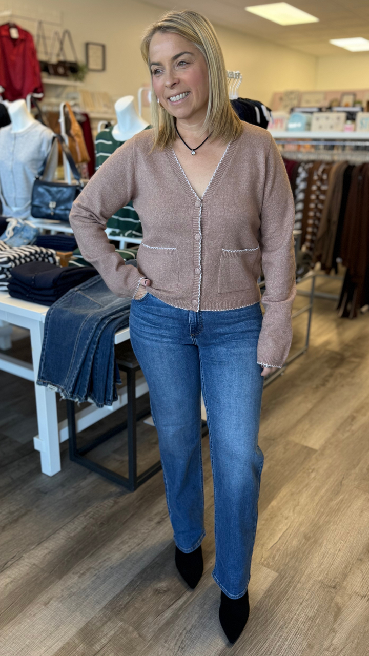 Mocha Contrast Trim Pocket Cardigan
