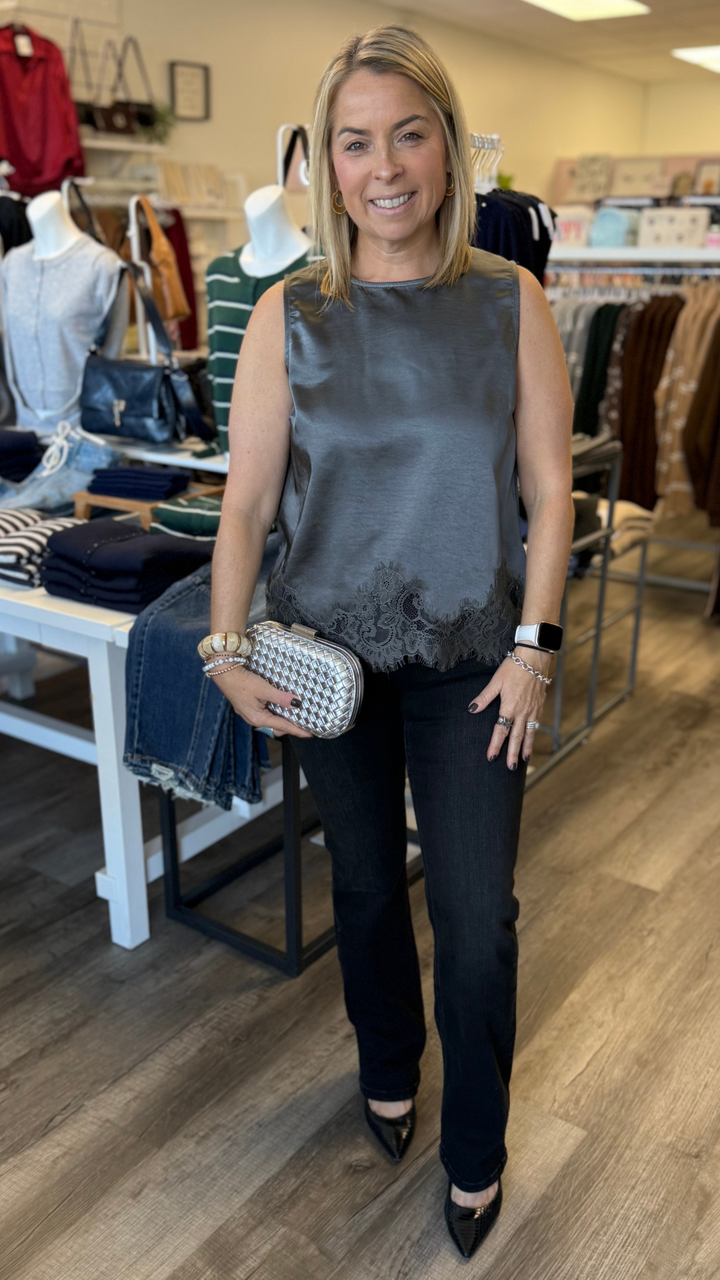 Charcoal Lace Hem Sleeveless Satin Tank