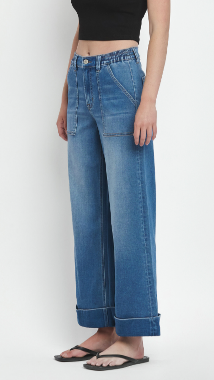 High Rise Medium Wash Soft Cuffed Baggy Wide Jeans