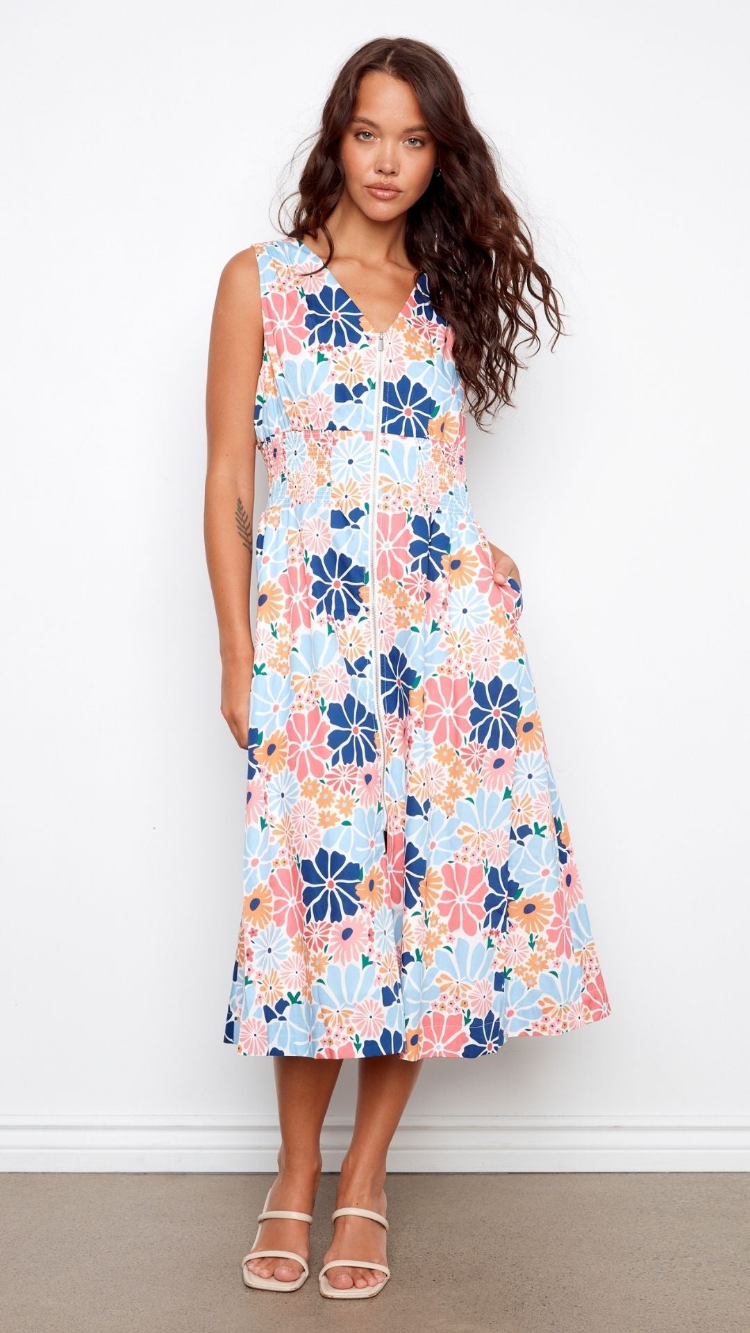 Cotton Voile Printed Front Zip Maxi Dress