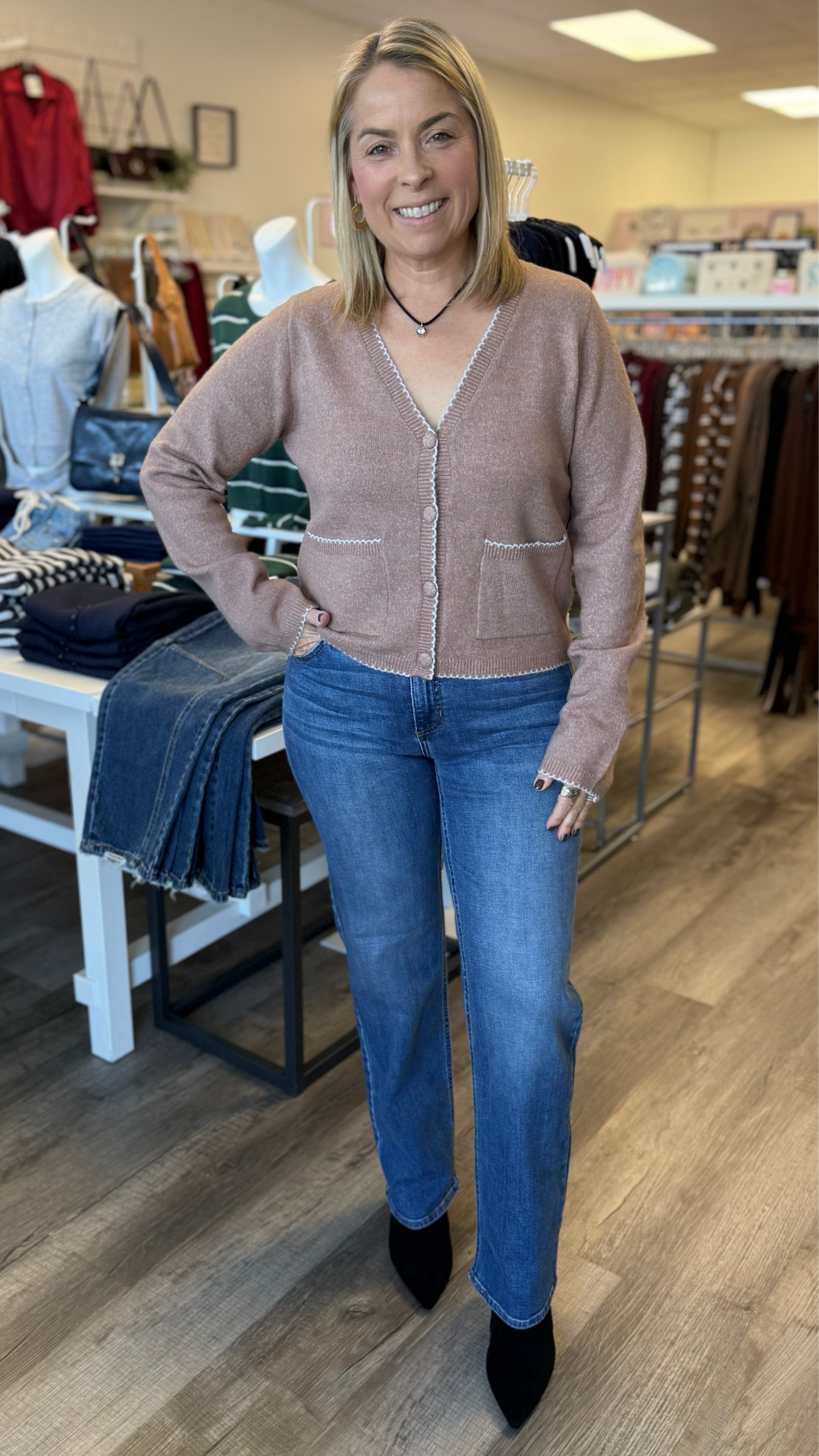Mocha Contrast Trim Pocket Cardigan