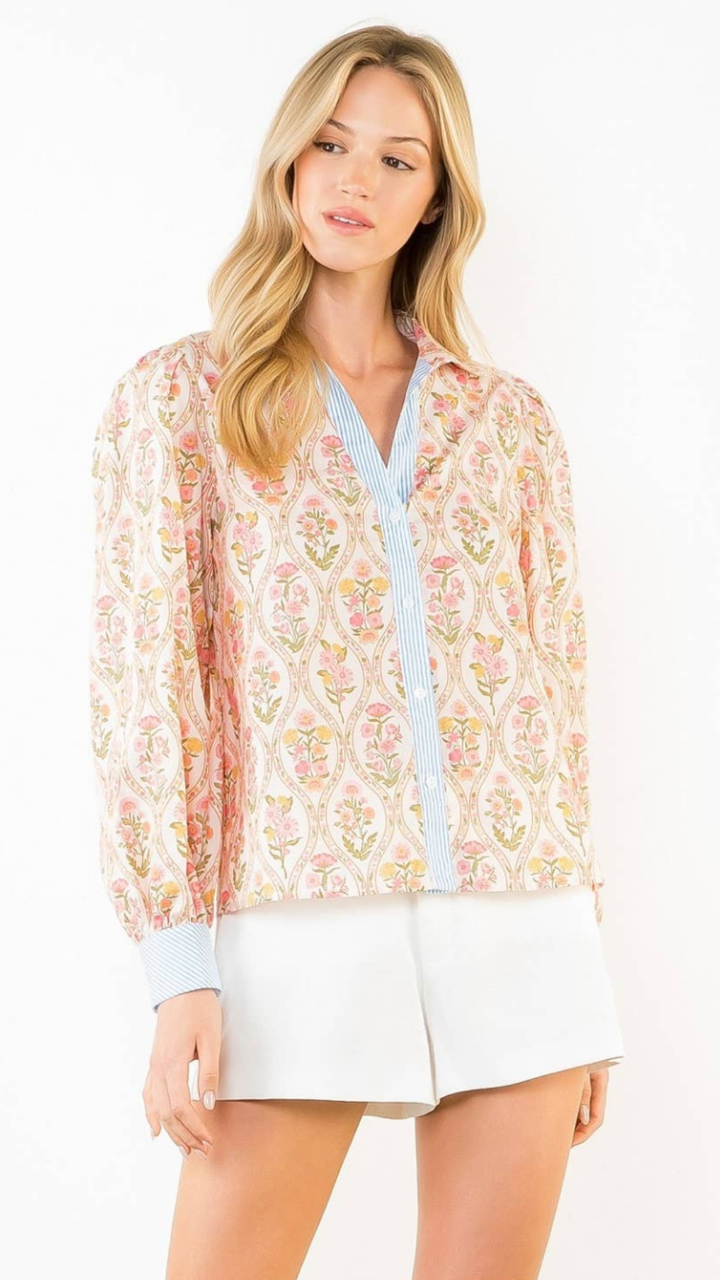 Long Sleeve Floral Contrast Trim Top