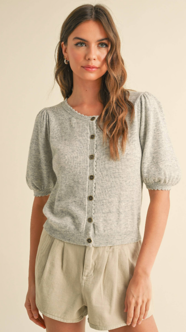 Puff Short Sleeve Button Down Knit Cardigan