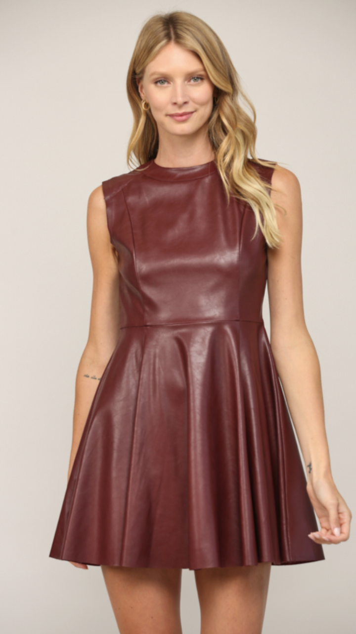 Maroon Faux Leather Flared Dress