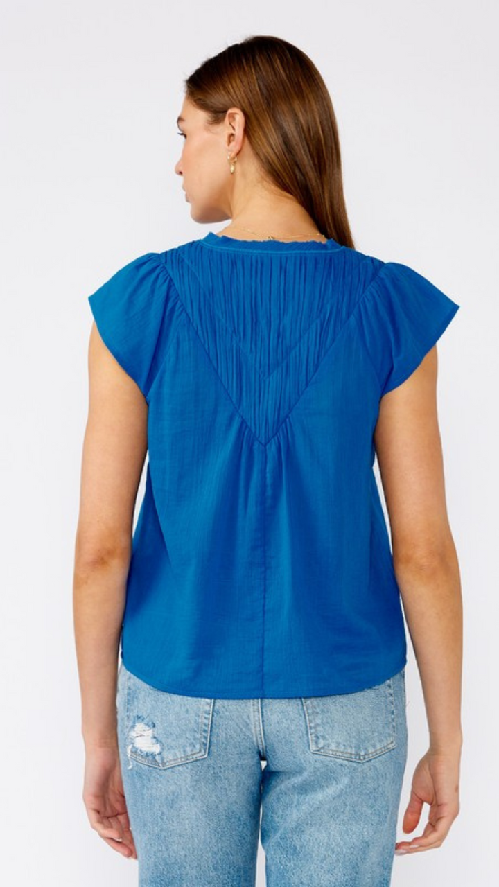 Relaxed Pleated Short Sleeve V Neck Top