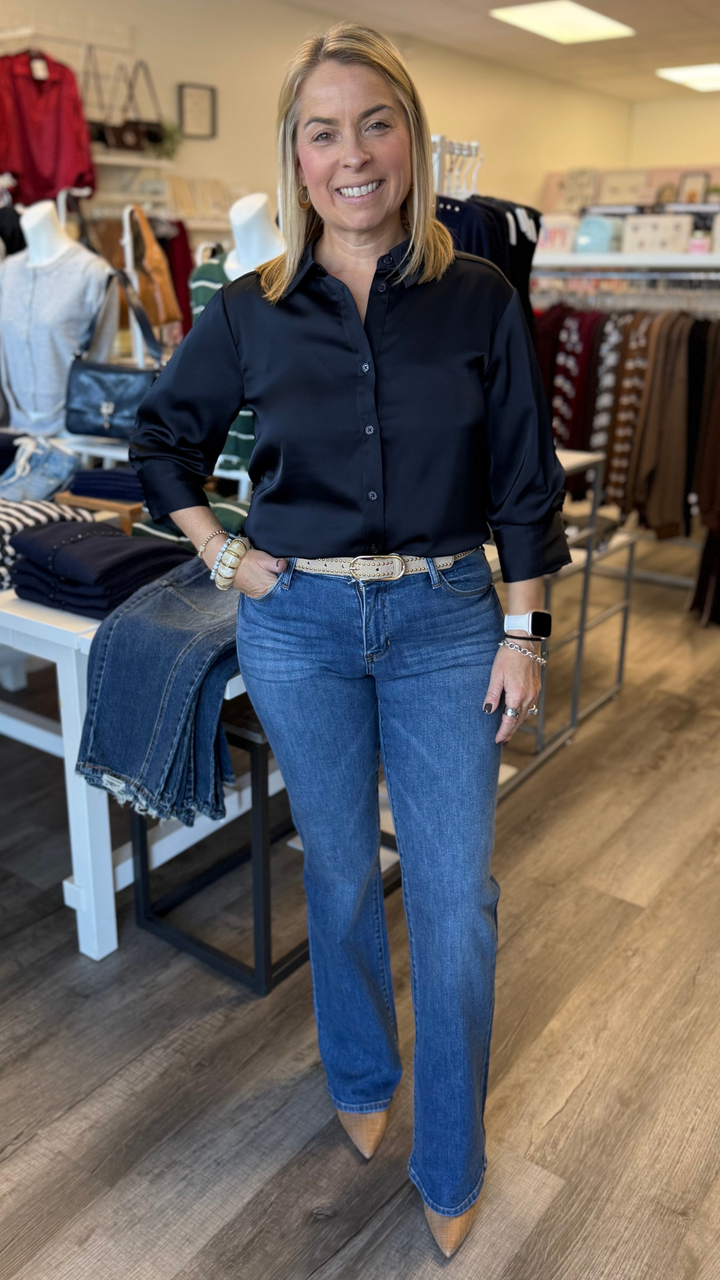 Mid Rise Dark Wash Full Length Bootcut Jeans