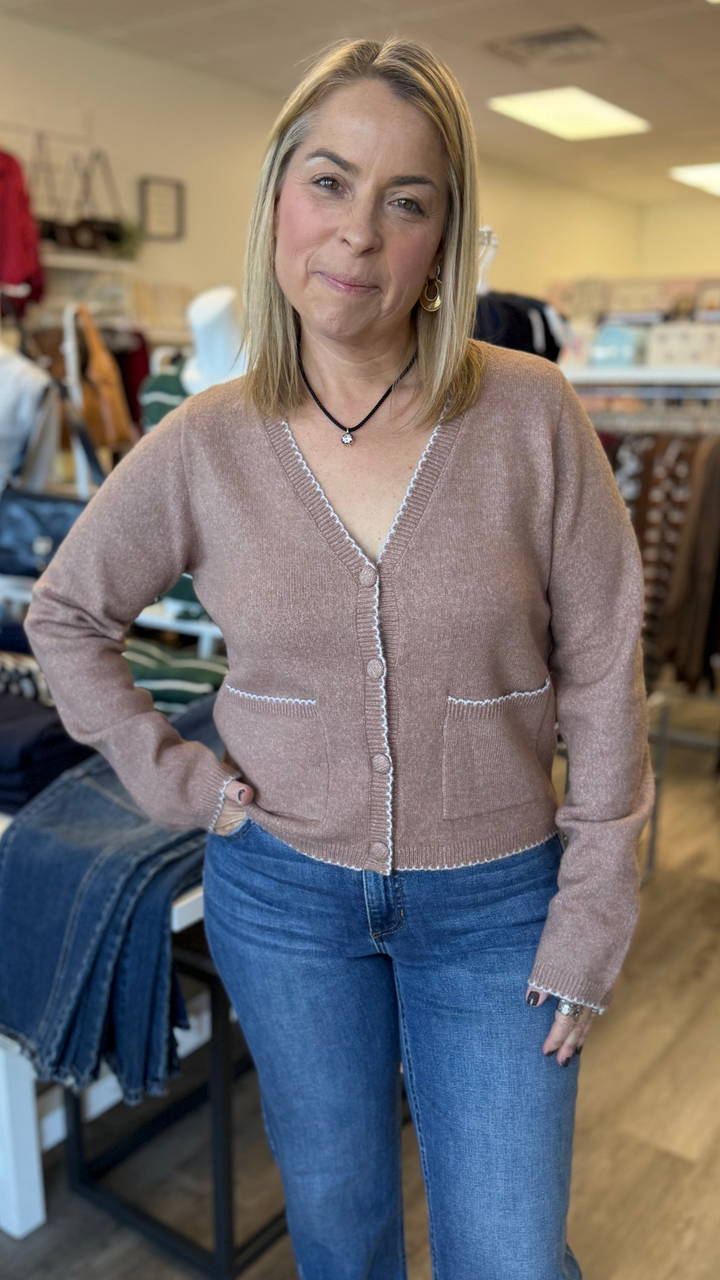 Mocha Contrast Trim Pocket Cardigan