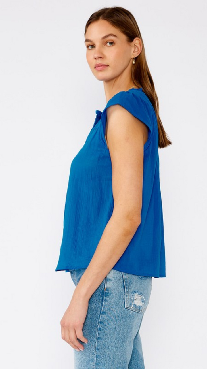 Relaxed Pleated Short Sleeve V Neck Top