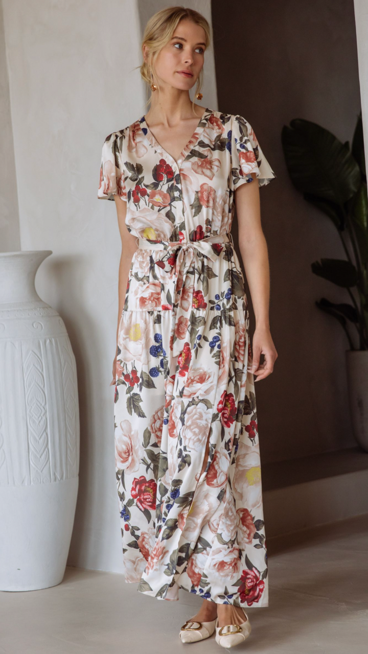 Floral Print Button Front Tiered Maxi Dress