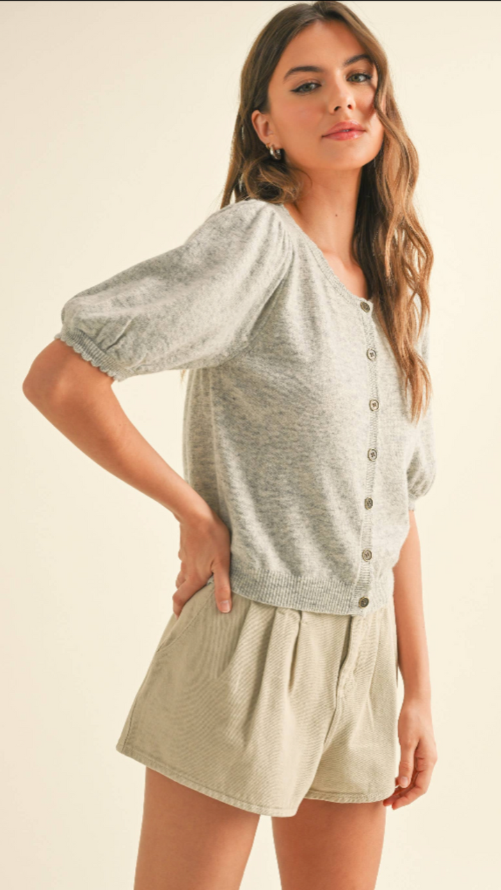 Puff Short Sleeve Button Down Knit Cardigan