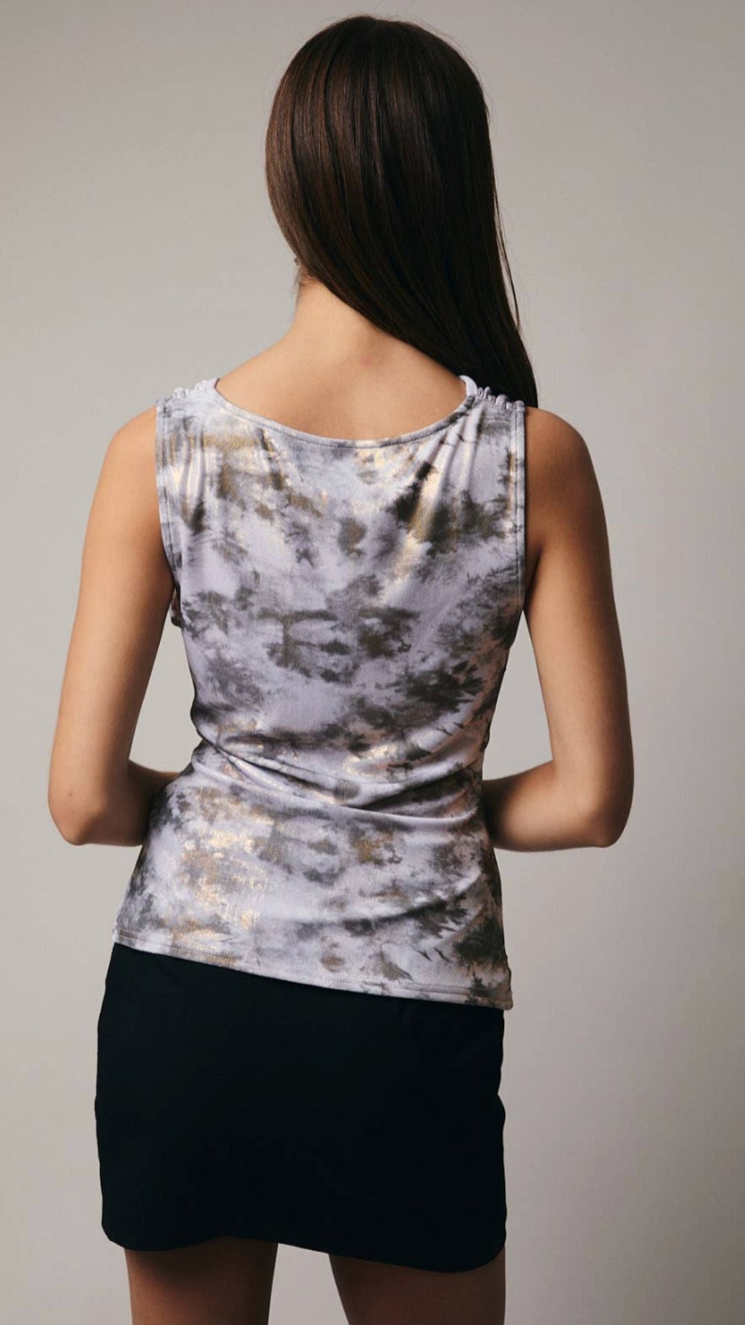 Grey Gold Cowl Neck Ruched Metallic Tank