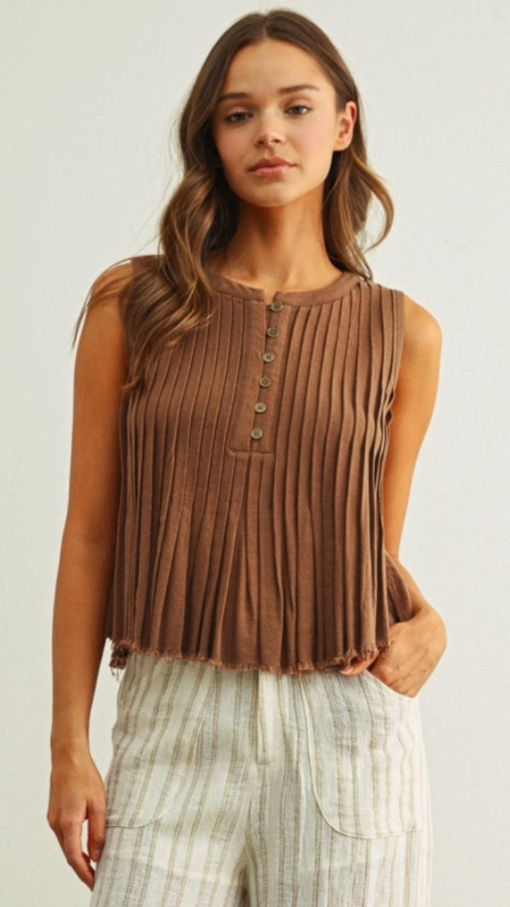 Mocha Pleated Button Front Sleeveless Top