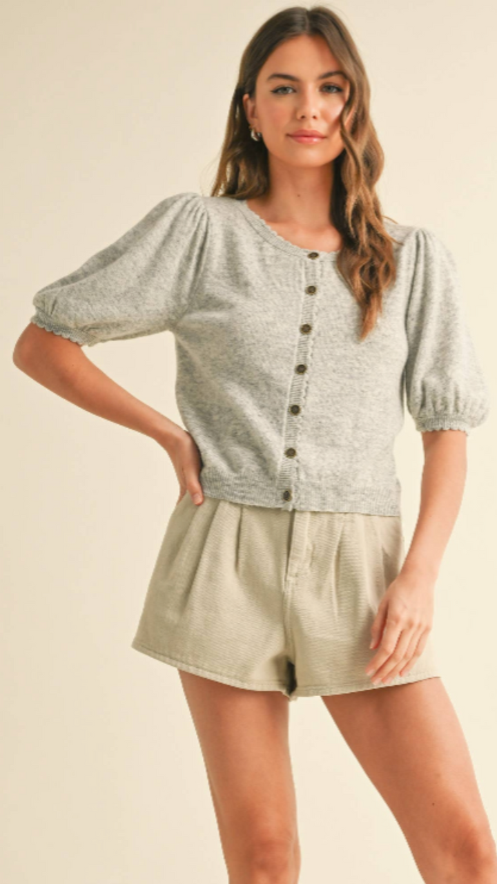 Puff Short Sleeve Button Down Knit Cardigan