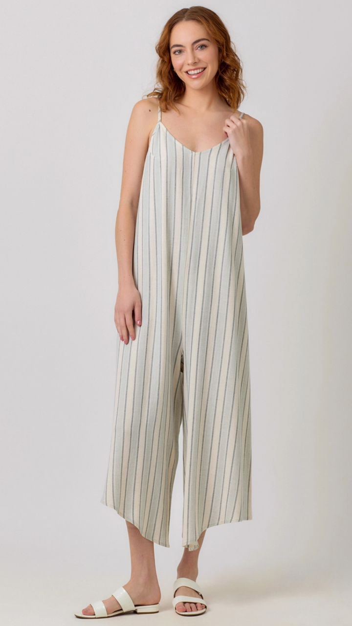Pale Blue Stripe Sleeveless V-Neck Jumpsuit
