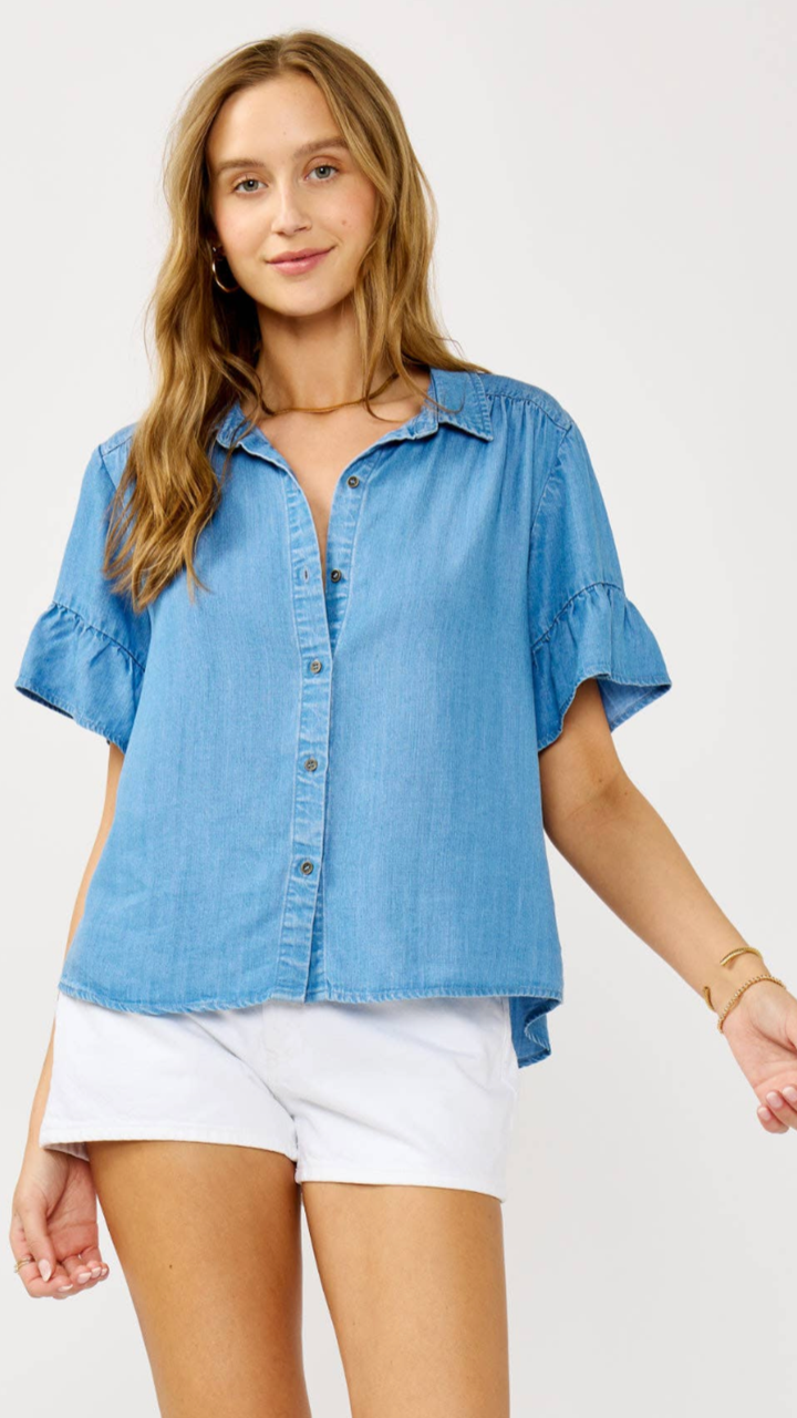 Tencel Ruffle Sleeve Button Down Top