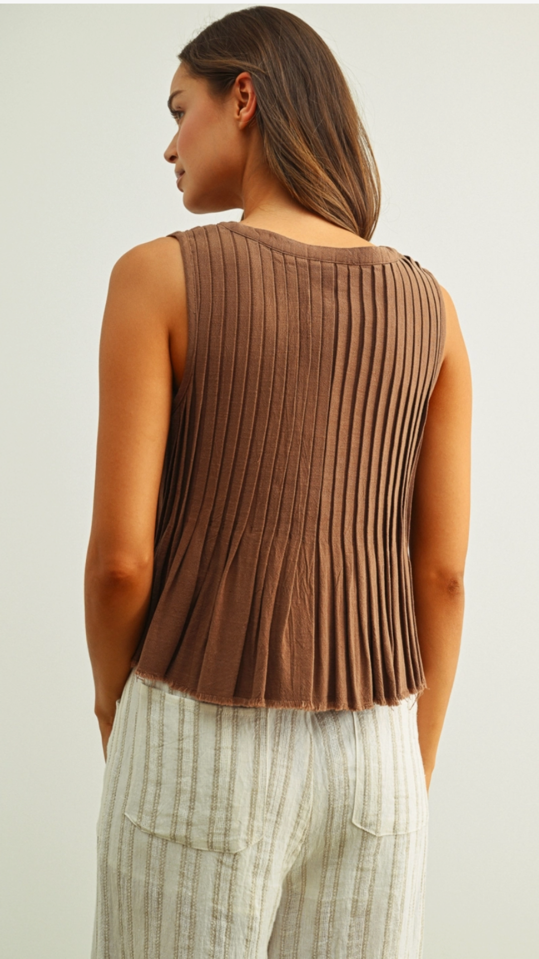 Mocha Pleated Button Front Sleeveless Top